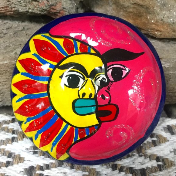 Talavera Sun Moon Trinket Box Terra Cotta Celestial Mexico Clay Hand-painted - Picture 2 of 8
